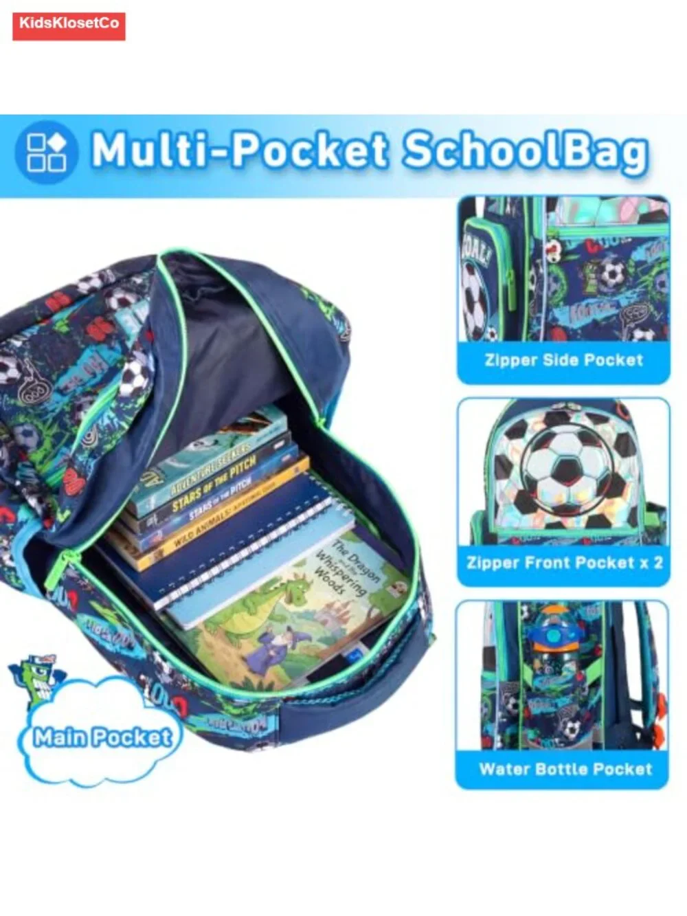 3-in-1 Kids Rolling Backpack Set with Lunch Bag, Soccer Theme, Wheels,